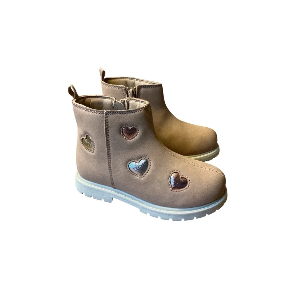 Carters Toddler Girls Tan Faux Suede Heart Ankle Boots Size 12 Zipper Lug Sole